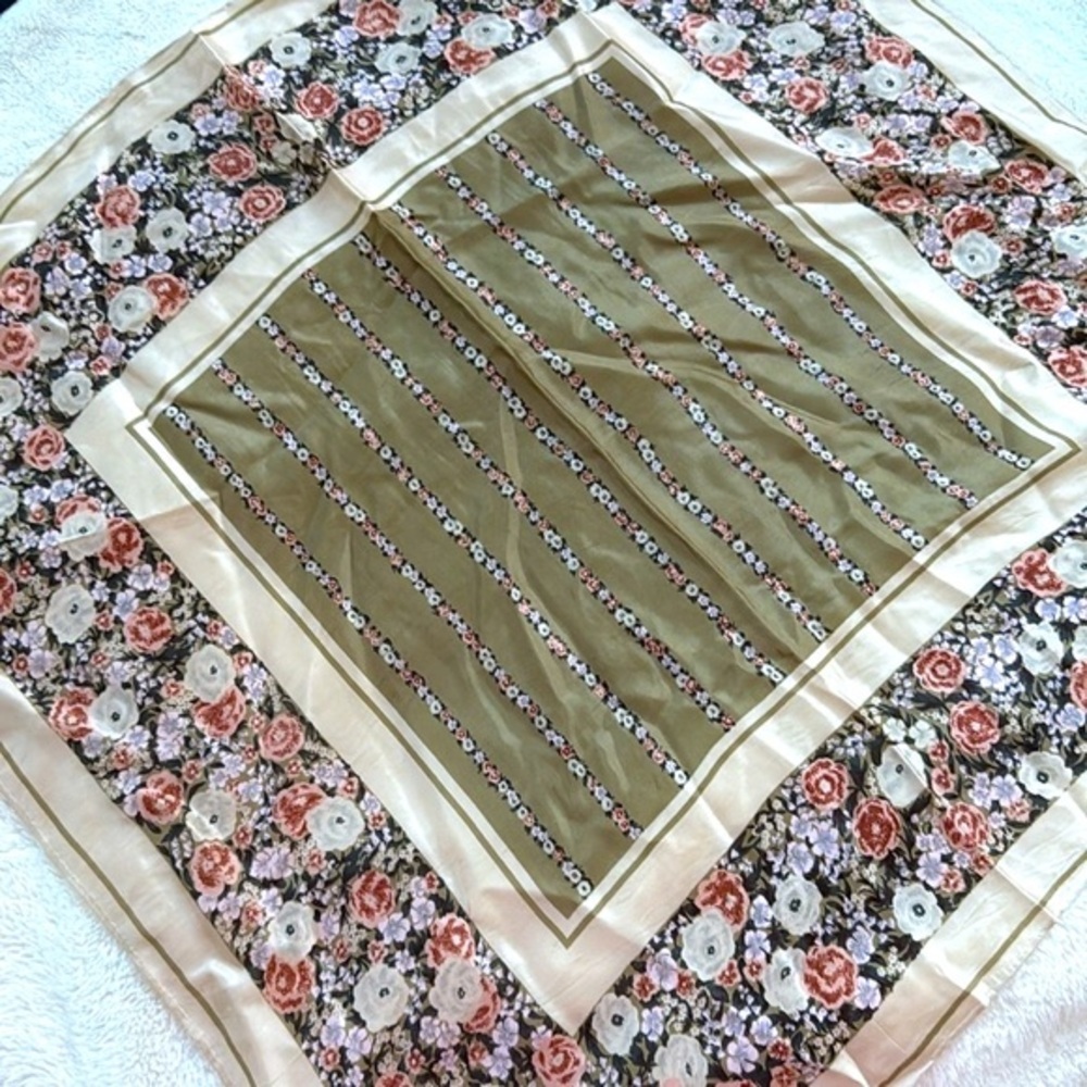 Echo Silk Scarf with Olive and Cream Floral Design 27'x27' - Picture 2 of 7
